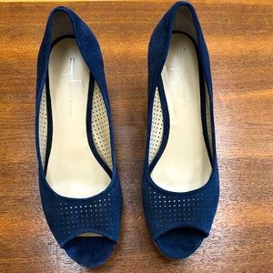 J. LITVACK Blue Suede Leather Cork Platform Wedge